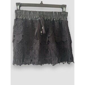 Girls Black Lace Scalloped Tiered Faux Leather Waistband Skort Mini Size 10-12yr